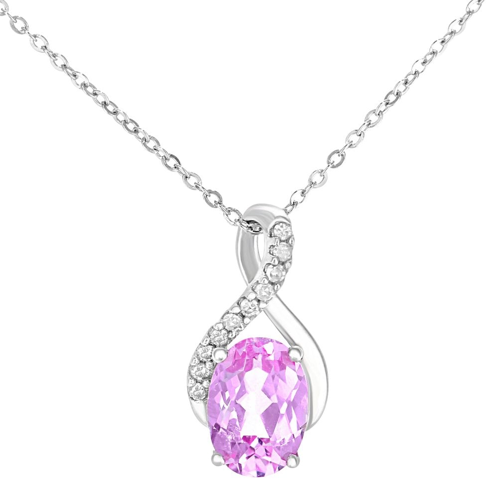 SPARKLD 9ct White Gold Oval Created Pink Sapphire and 0.05ct Diamond Crossover Pendant Necklace