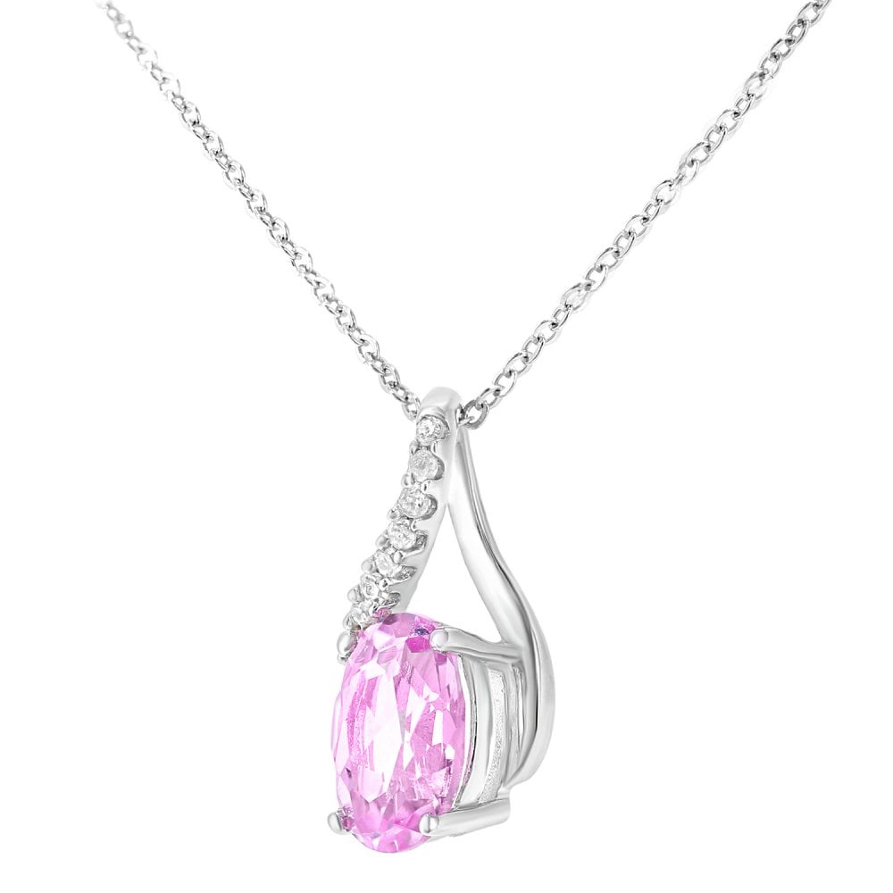 SPARKLD 9ct White Gold Oval Created Pink Sapphire and 0.05ct Diamond Crossover Pendant Necklace