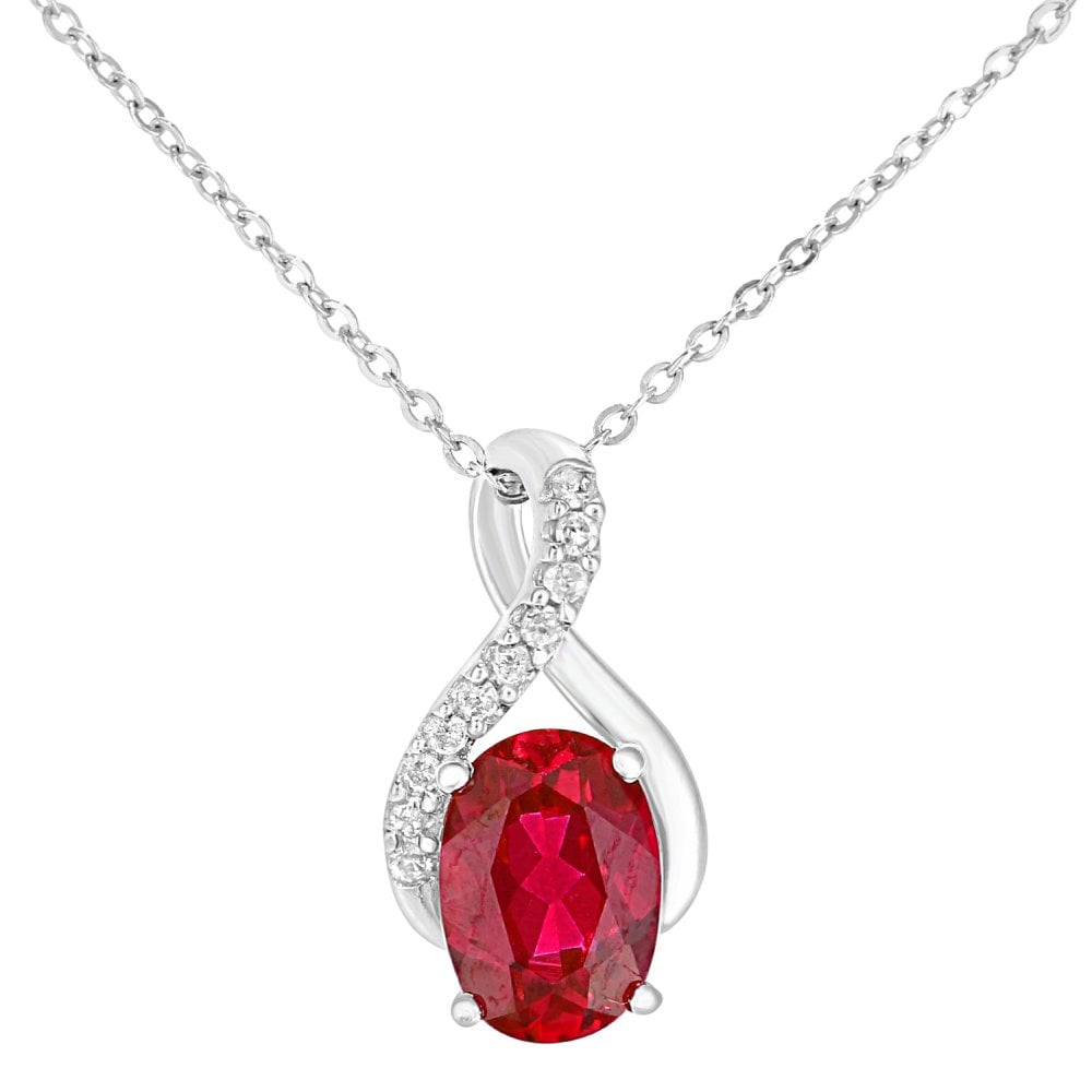 SPARKLD 9ct White Gold Oval Created Ruby and 0.05ct Diamond Crossover Pendant Necklace