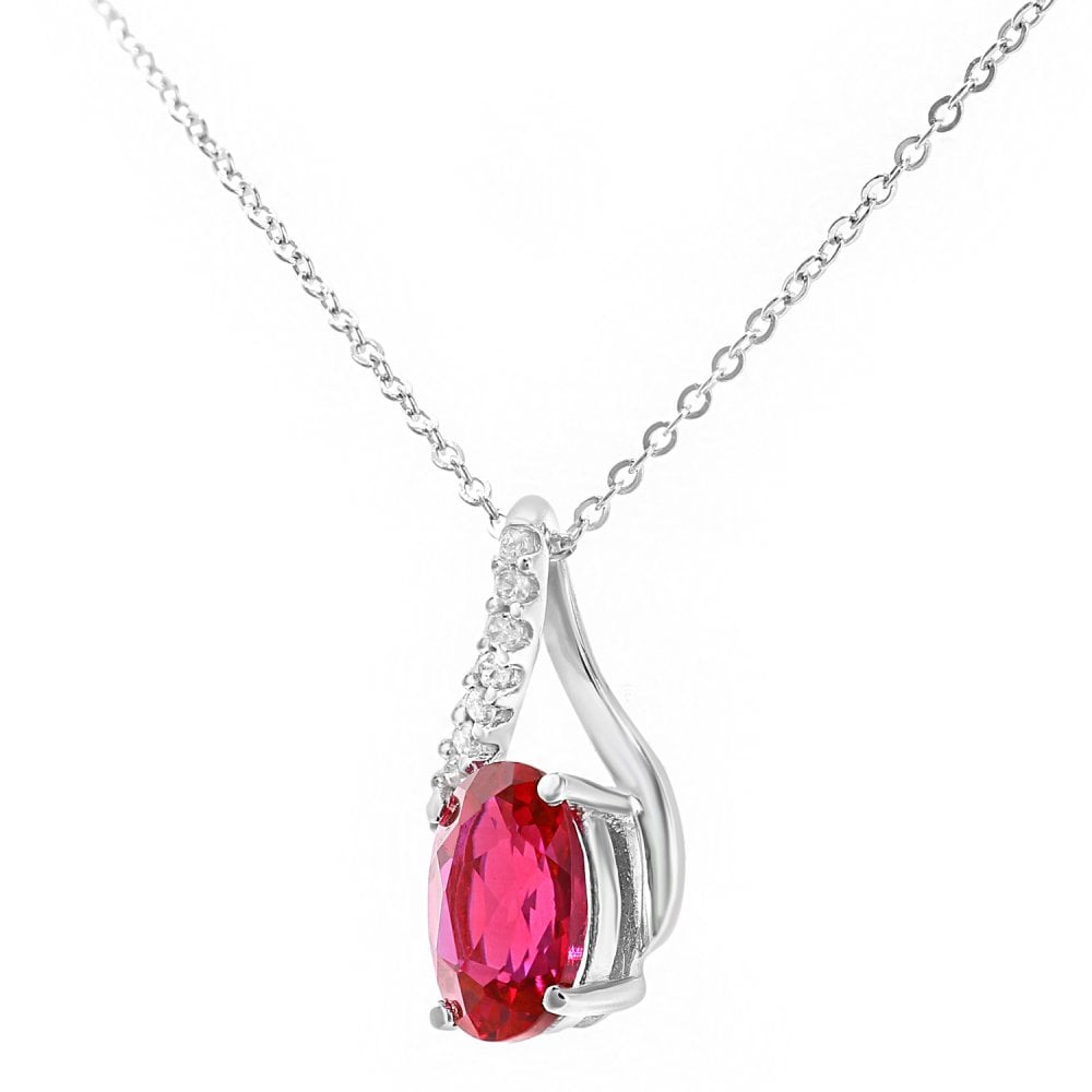 SPARKLD 9ct White Gold Oval Created Ruby and 0.05ct Diamond Crossover Pendant Necklace