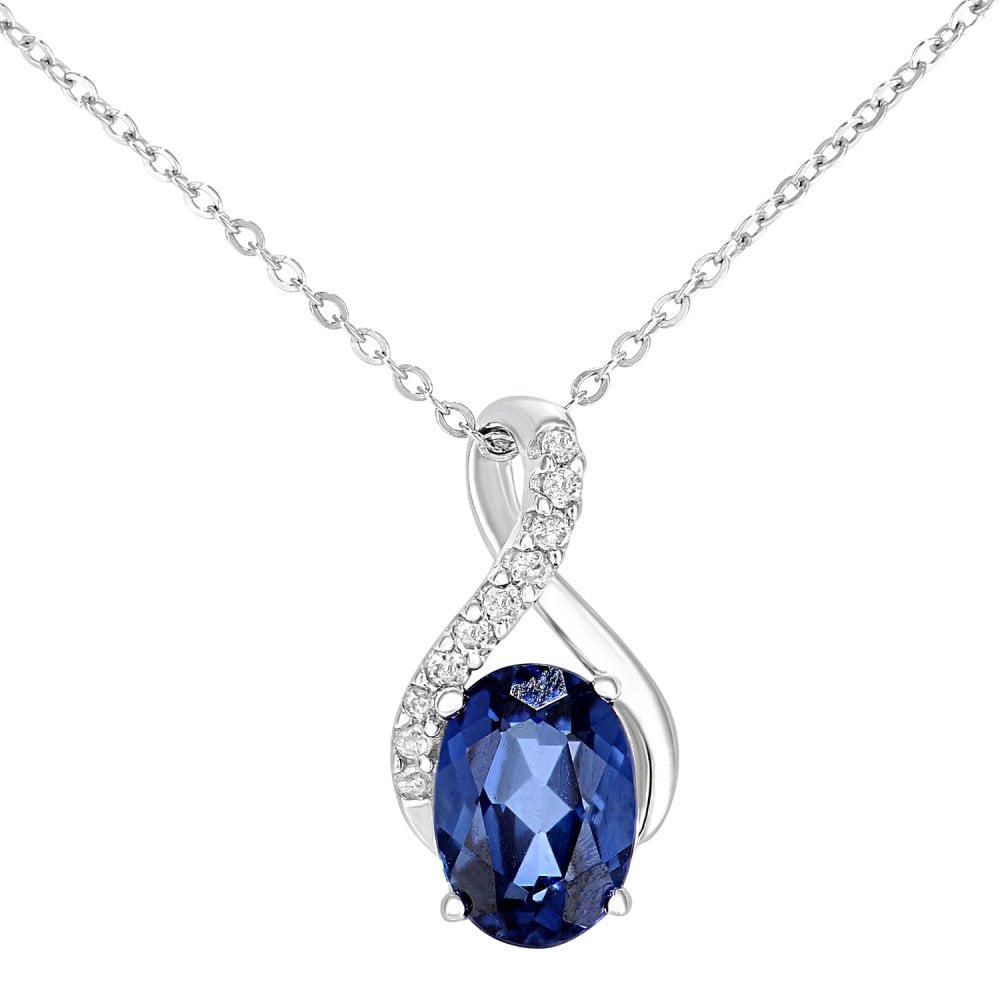 SPARKLD 9ct White Gold Oval Created Tanzanite and 0.05ct Diamond Crossover Pendant Necklace