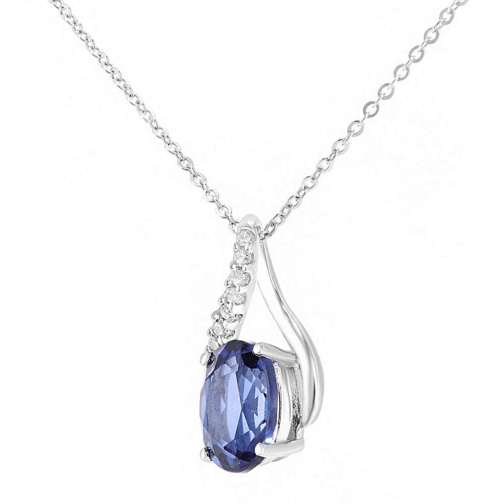 SPARKLD 9ct White Gold Oval Created Tanzanite and 0.05ct Diamond Crossover Pendant Necklace
