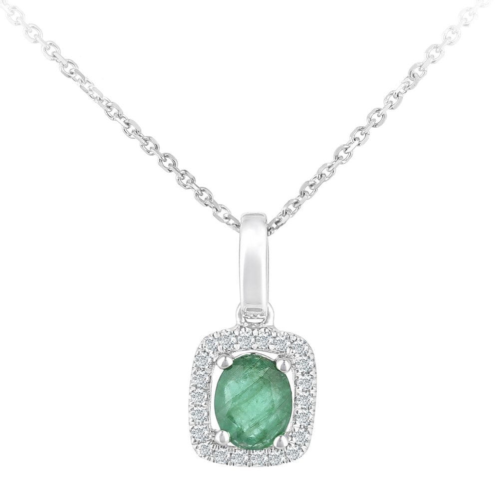 SPARKLD 9ct White Gold Oval Emerald and 0.05ct Diamond Cluster Pendant Necklace