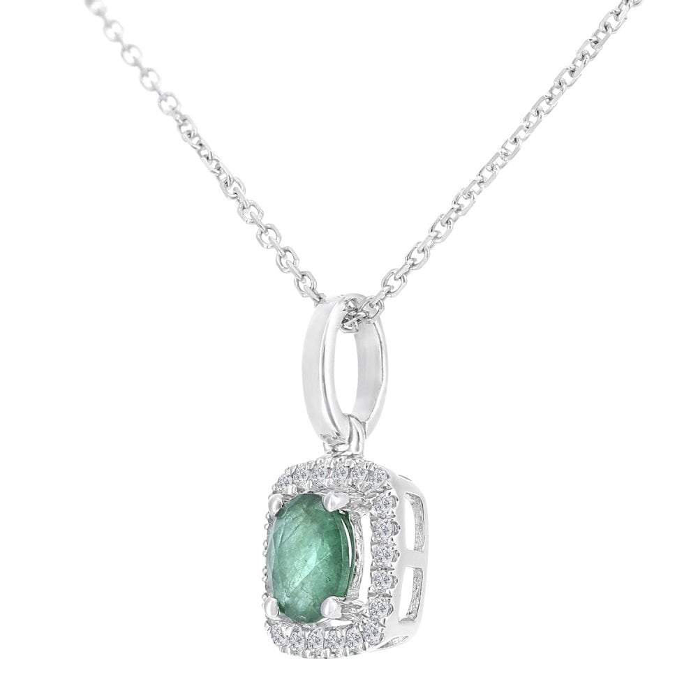 SPARKLD 9ct White Gold Oval Emerald and 0.05ct Diamond Cluster Pendant Necklace