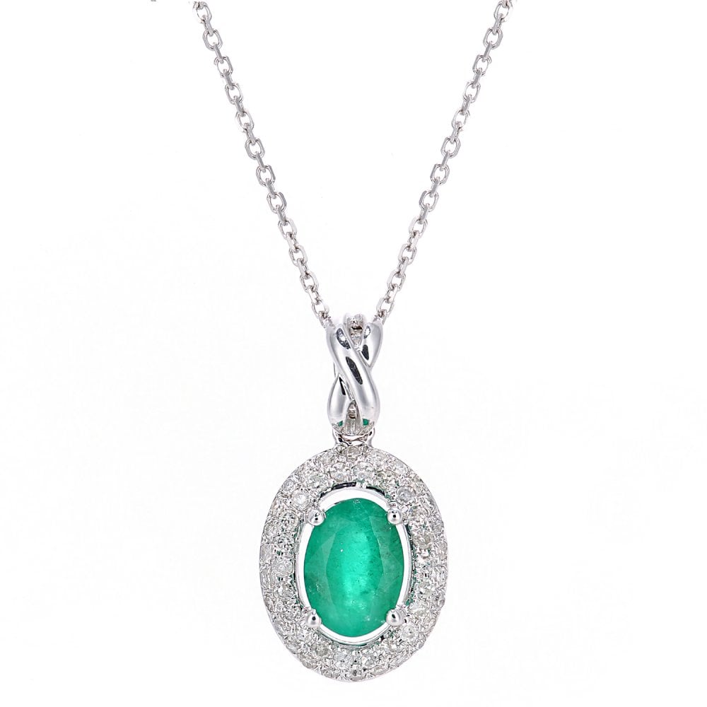 SPARKLD 9ct White Gold Oval Emerald and 0.23ct Diamond Cluster Pendant Necklace