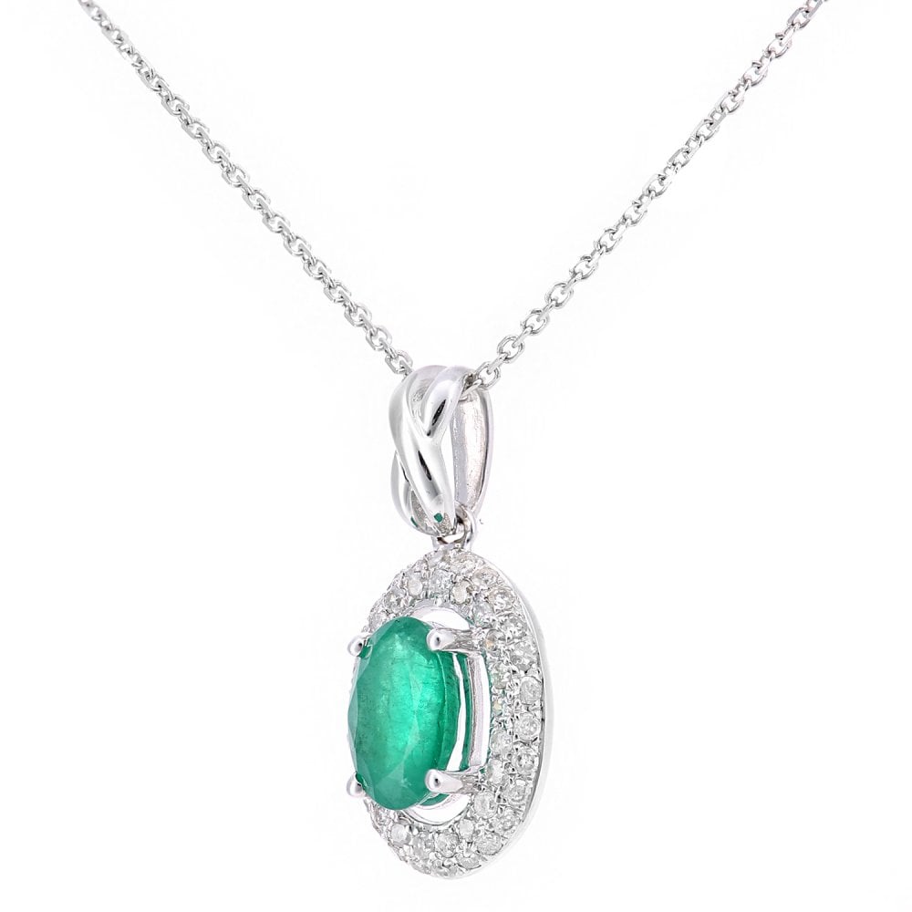 SPARKLD 9ct White Gold Oval Emerald and 0.23ct Diamond Cluster Pendant Necklace