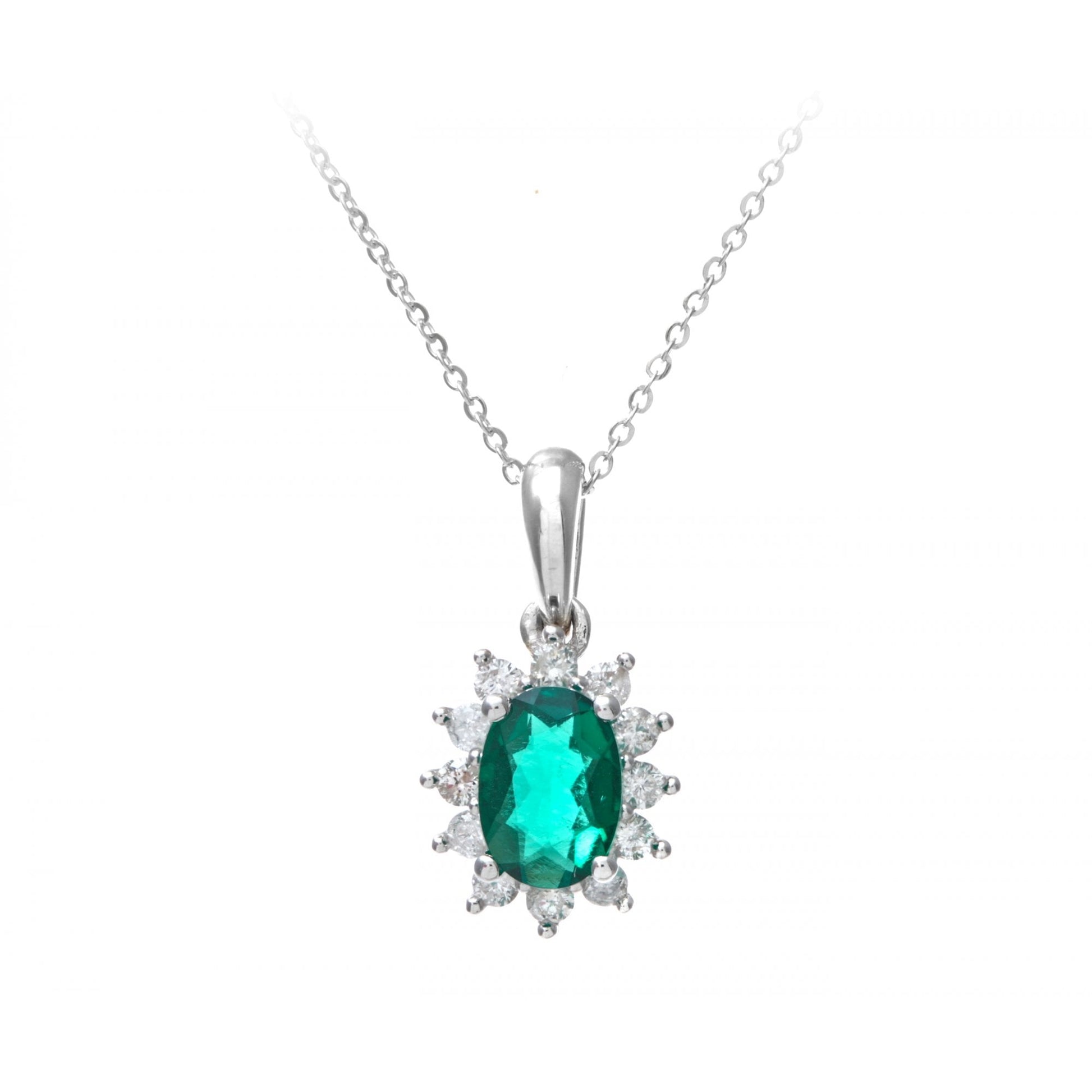 SPARKLD 9ct White Gold Oval Emerald Cluster 0.25ct Diamond Pendant Necklace