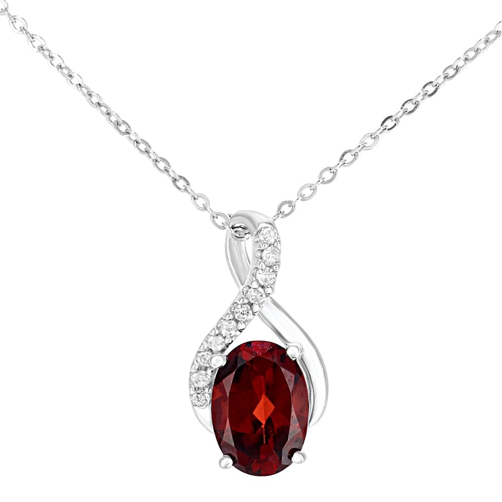 SPARKLD 9ct White Gold Oval Garnet and 0.05ct Diamond Crossover Pendant Necklace