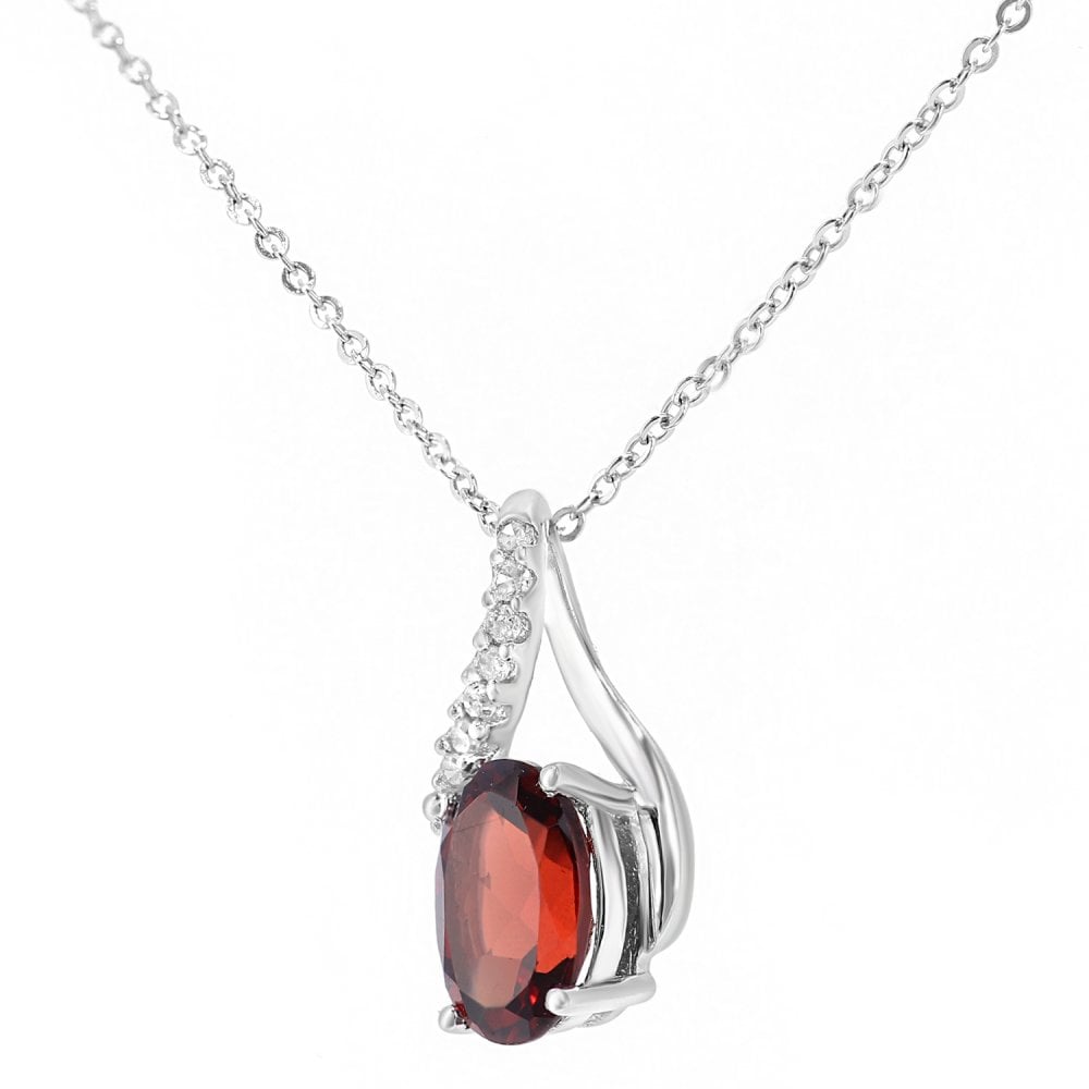 SPARKLD 9ct White Gold Oval Garnet and 0.05ct Diamond Crossover Pendant Necklace