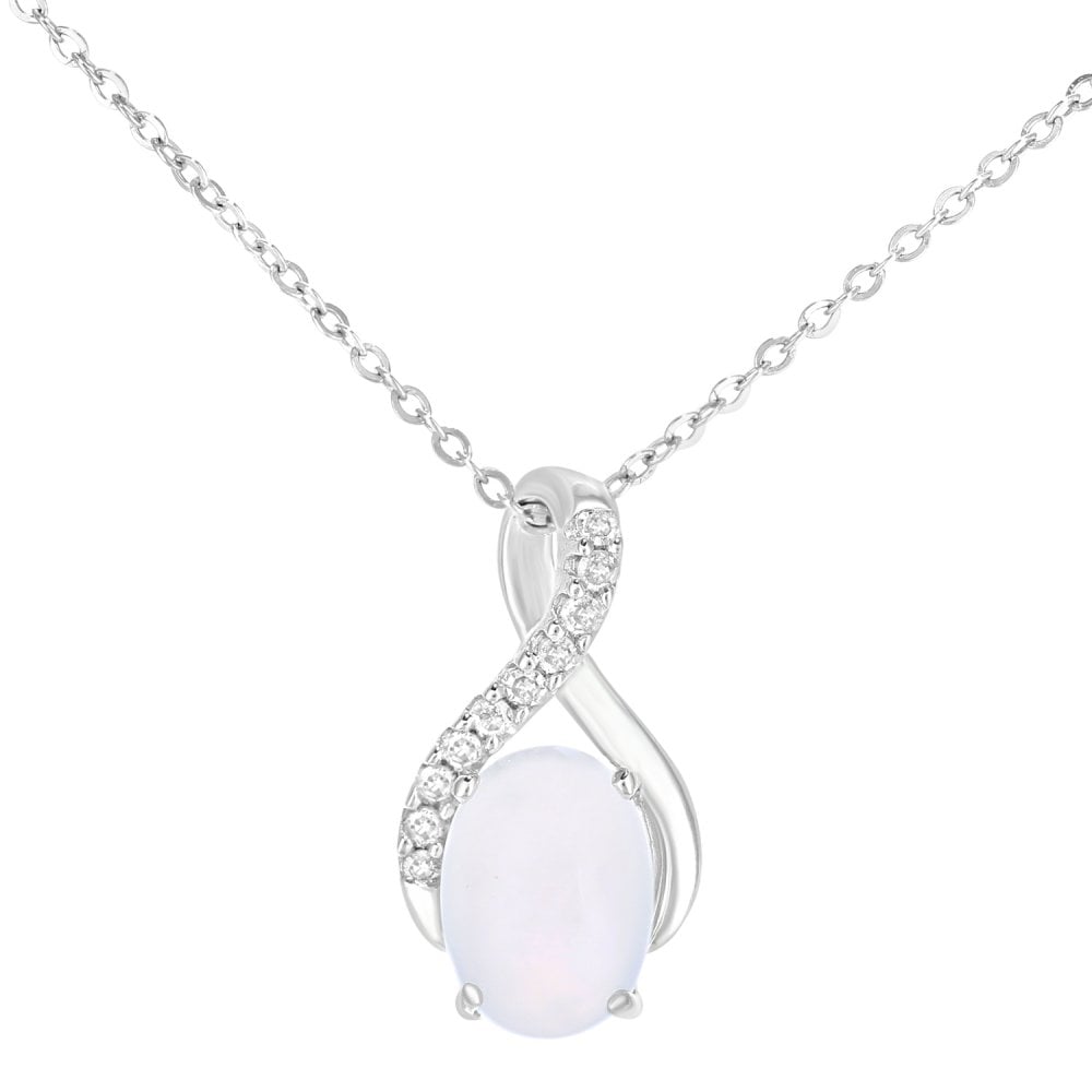 SPARKLD 9ct White Gold Oval Opal and 0.05ct Diamond Crossover Pendant Necklace