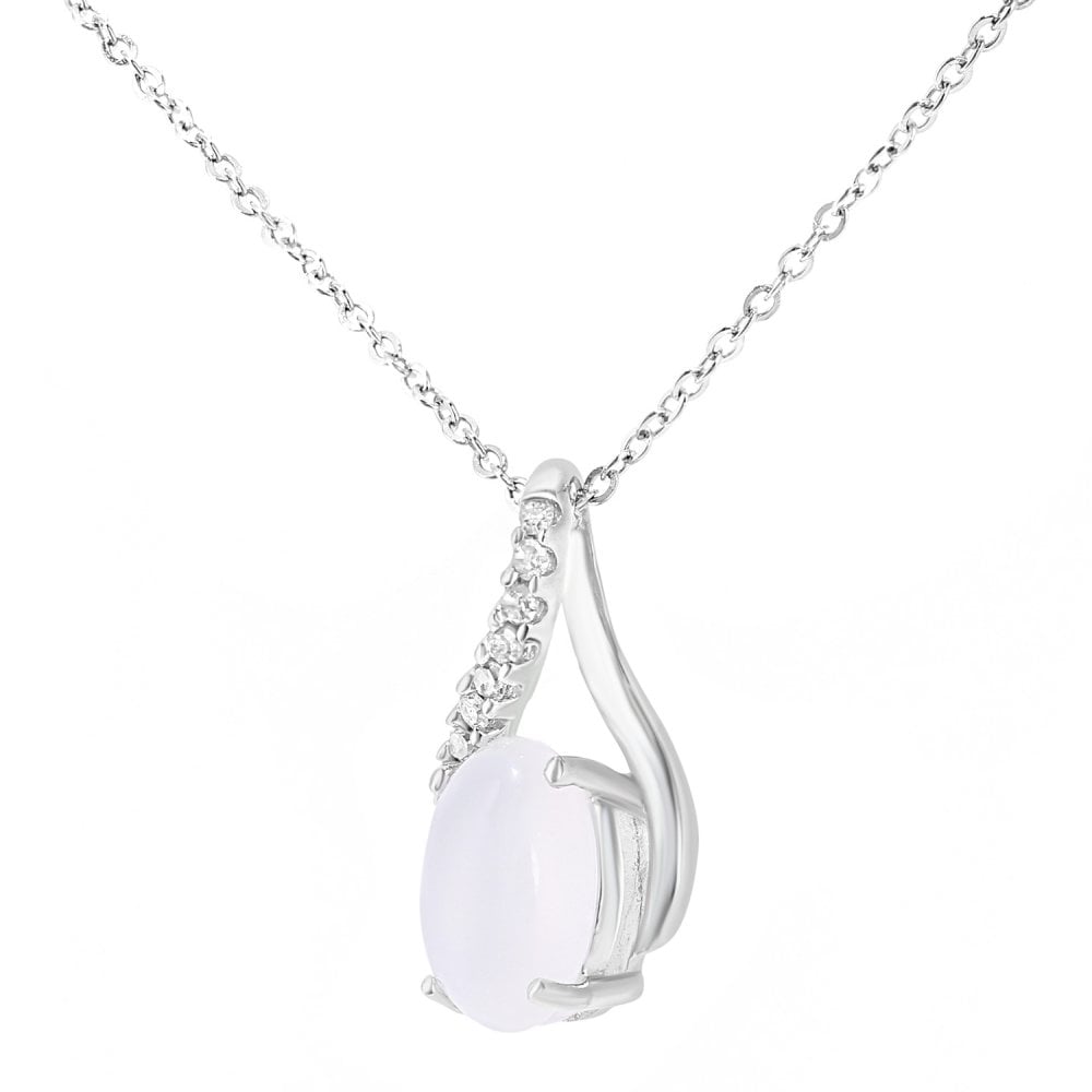 SPARKLD 9ct White Gold Oval Opal and 0.05ct Diamond Crossover Pendant Necklace