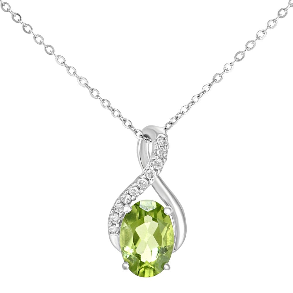 SPARKLD 9ct White Gold Oval Peridot and 0.05ct Diamond Crossover Pendant Necklace