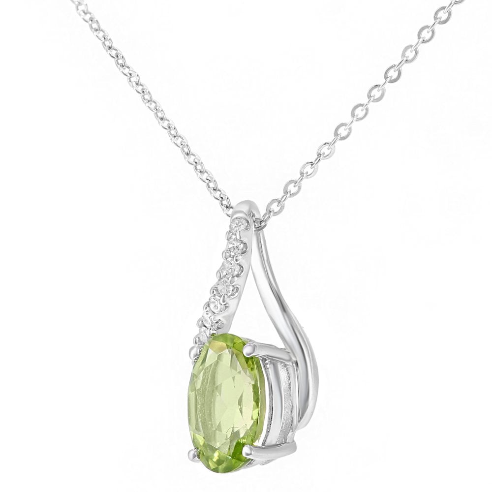 SPARKLD 9ct White Gold Oval Peridot and 0.05ct Diamond Crossover Pendant Necklace