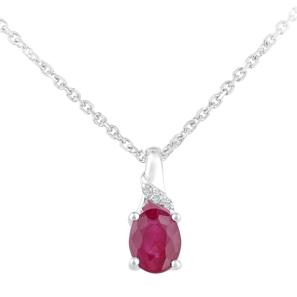 SPARKLD 9ct White Gold Oval Ruby and 0.01ct Diamond Pendant Necklace