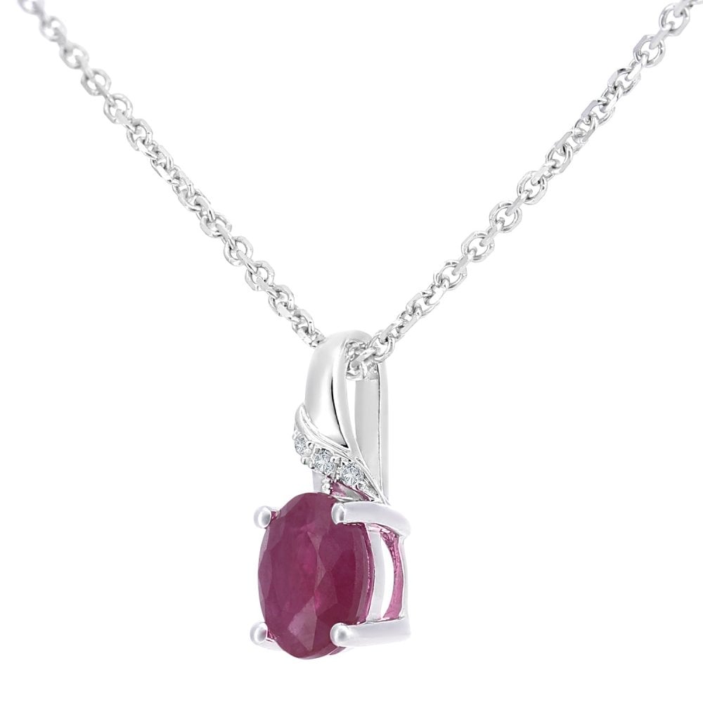 SPARKLD 9ct White Gold Oval Ruby and 0.01ct Diamond Pendant Necklace