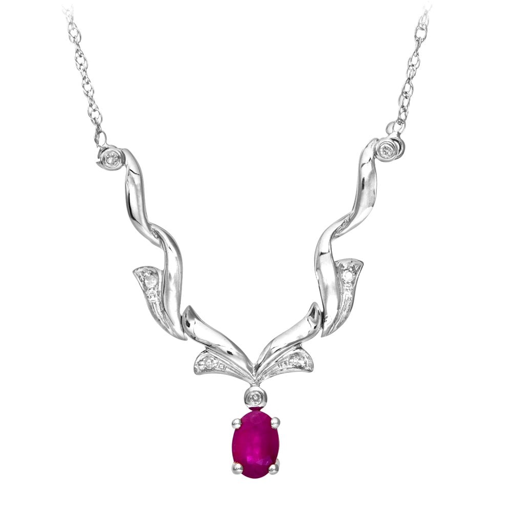 SPARKLD 9ct White Gold Oval Ruby and 0.05ct Diamond Necklace