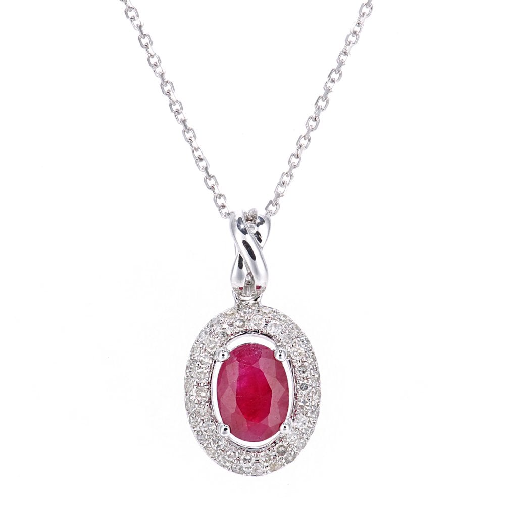 SPARKLD 9ct White Gold Oval Ruby and 0.23ct Diamond Cluster Pendant Necklace