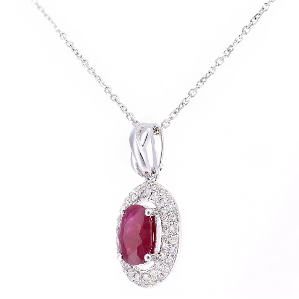 SPARKLD 9ct White Gold Oval Ruby and 0.23ct Diamond Cluster Pendant Necklace