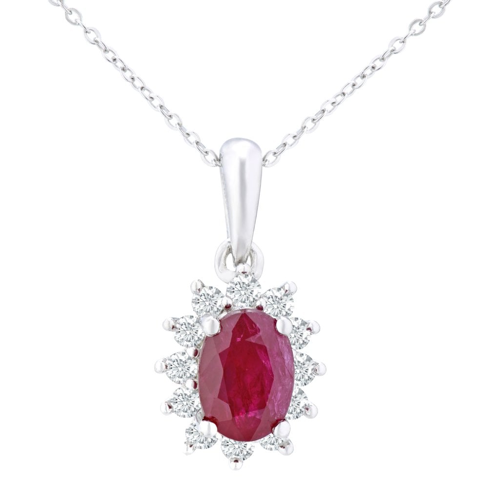 SPARKLD 9ct White Gold Oval Ruby Cluster 0.25ct Diamond Pendant Necklace
