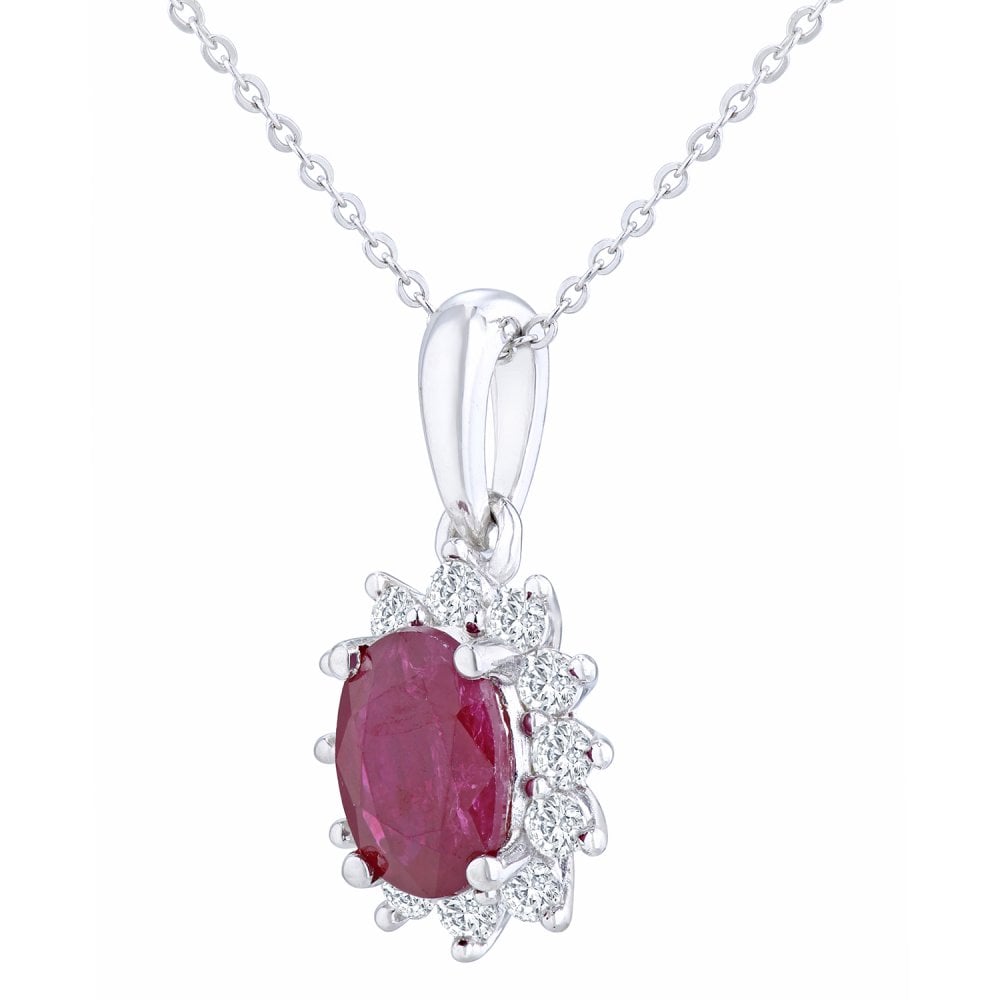 SPARKLD 9ct White Gold Oval Ruby Cluster 0.25ct Diamond Pendant Necklace