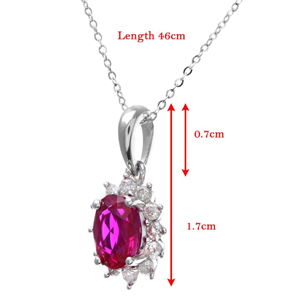 SPARKLD 9ct White Gold Oval Ruby Cluster 0.25ct Diamond Pendant Necklace