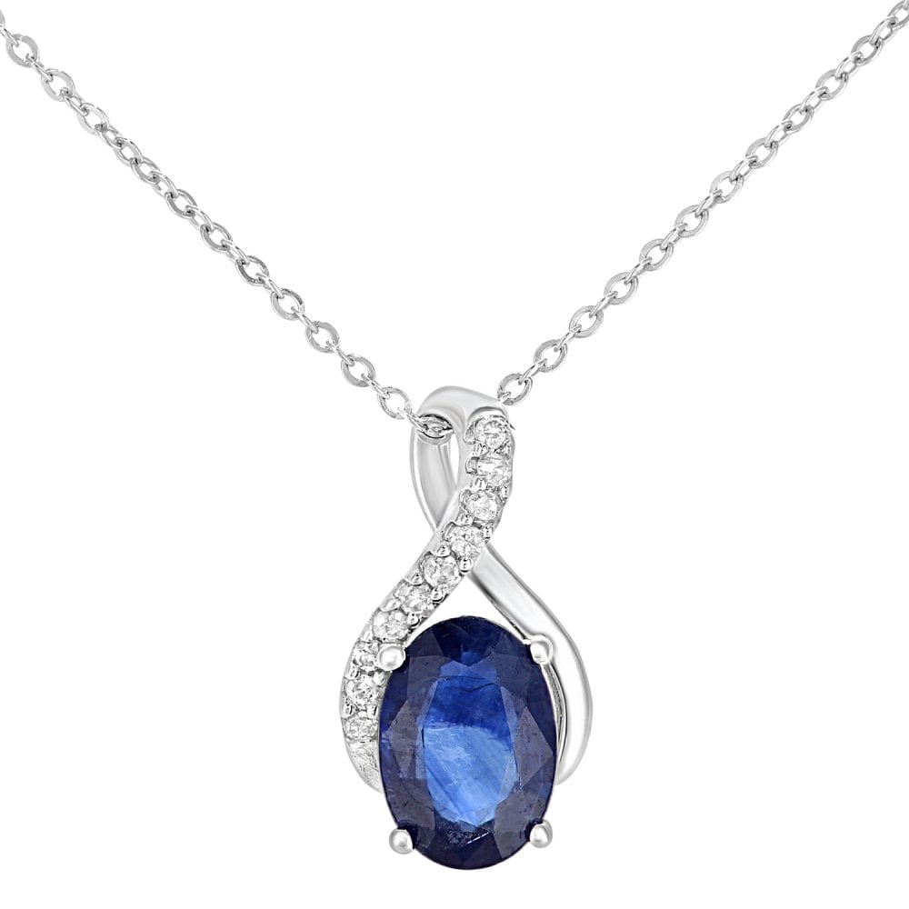 SPARKLD 9ct White Gold Oval Sapphire and 0.05ct Diamond Crossover Pendant Necklace
