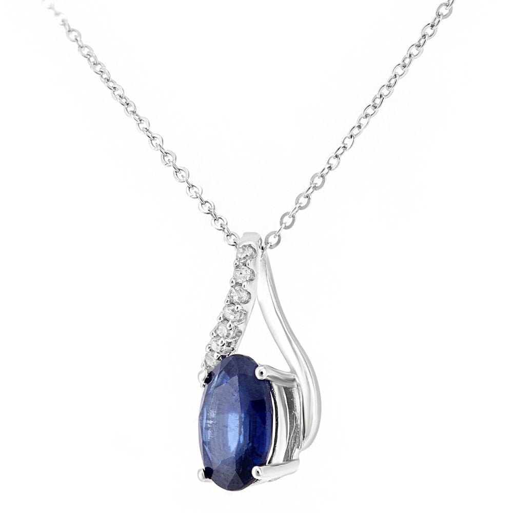 SPARKLD 9ct White Gold Oval Sapphire and 0.05ct Diamond Crossover Pendant Necklace
