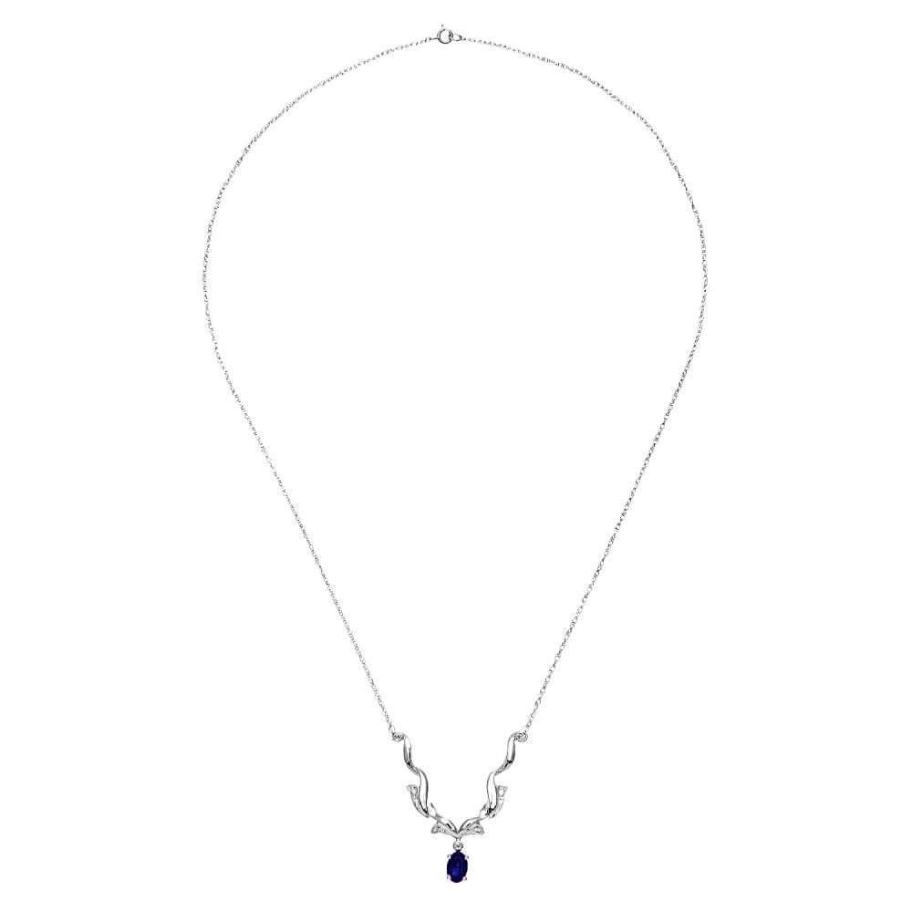 SPARKLD 9ct White Gold Sapphire and 0.04ct Diamond Prong Set Necklace with Trace Chain of 50 cm