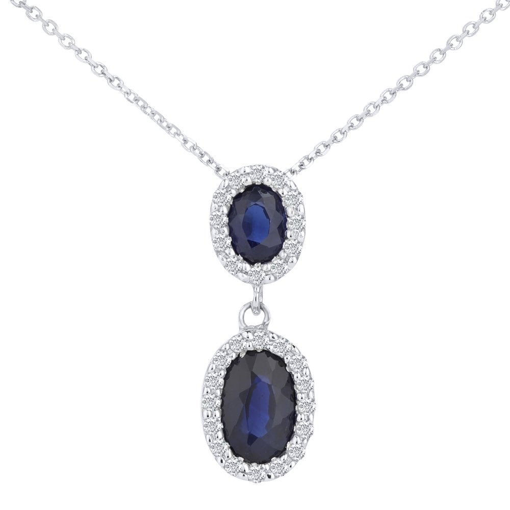SPARKLD 9ct White Gold Oval Sapphire and 0.10ct Diamond Cluster Pendant Necklace