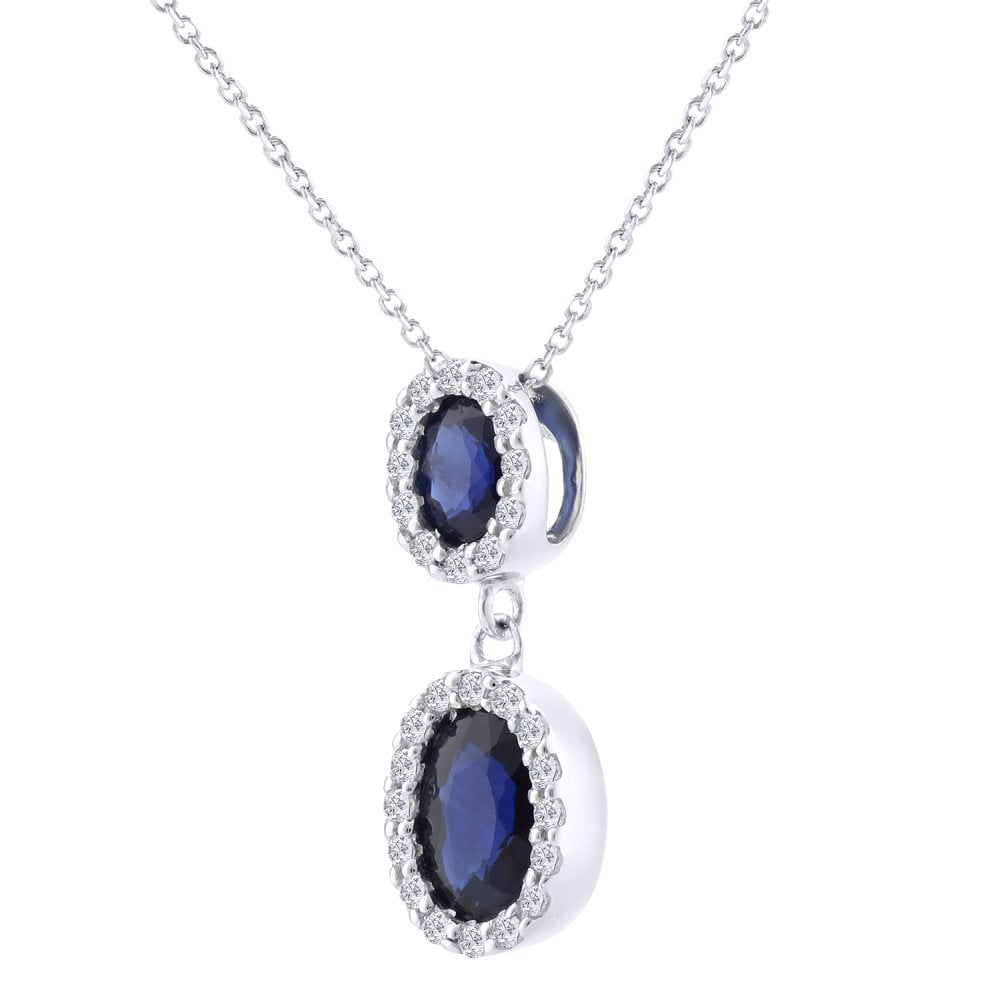 SPARKLD 9ct White Gold Oval Sapphire and 0.10ct Diamond Cluster Pendant Necklace