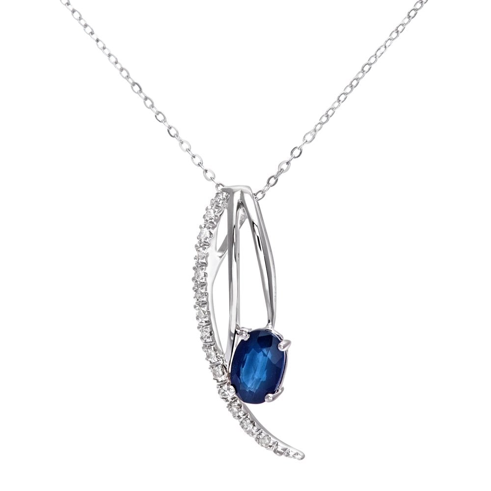 SPARKLD 9ct White Gold Oval Sapphire and 0.10ct Diamond Pendant Necklace