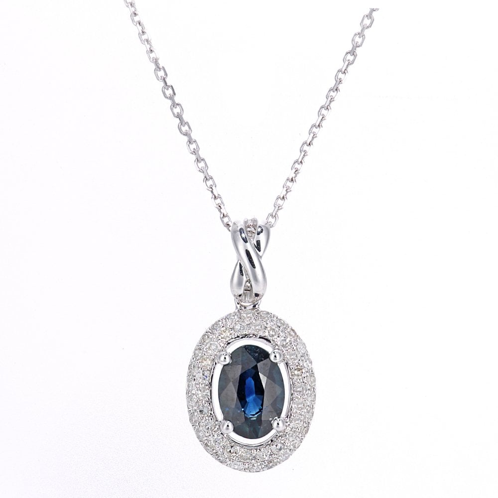 SPARKLD 9ct White Gold Oval Sapphire and 0.23ct Diamond Cluster Pendant Necklace