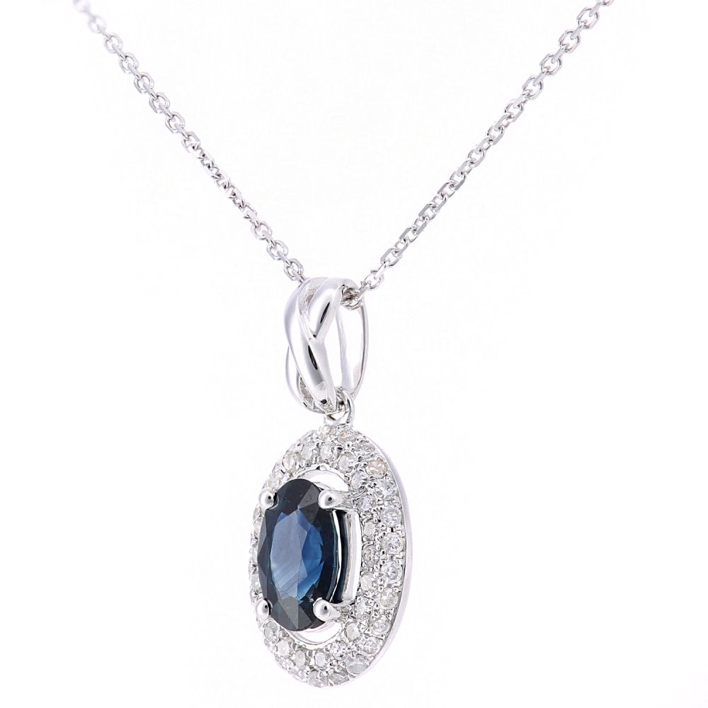 SPARKLD 9ct White Gold Oval Sapphire and 0.23ct Diamond Cluster Pendant Necklace
