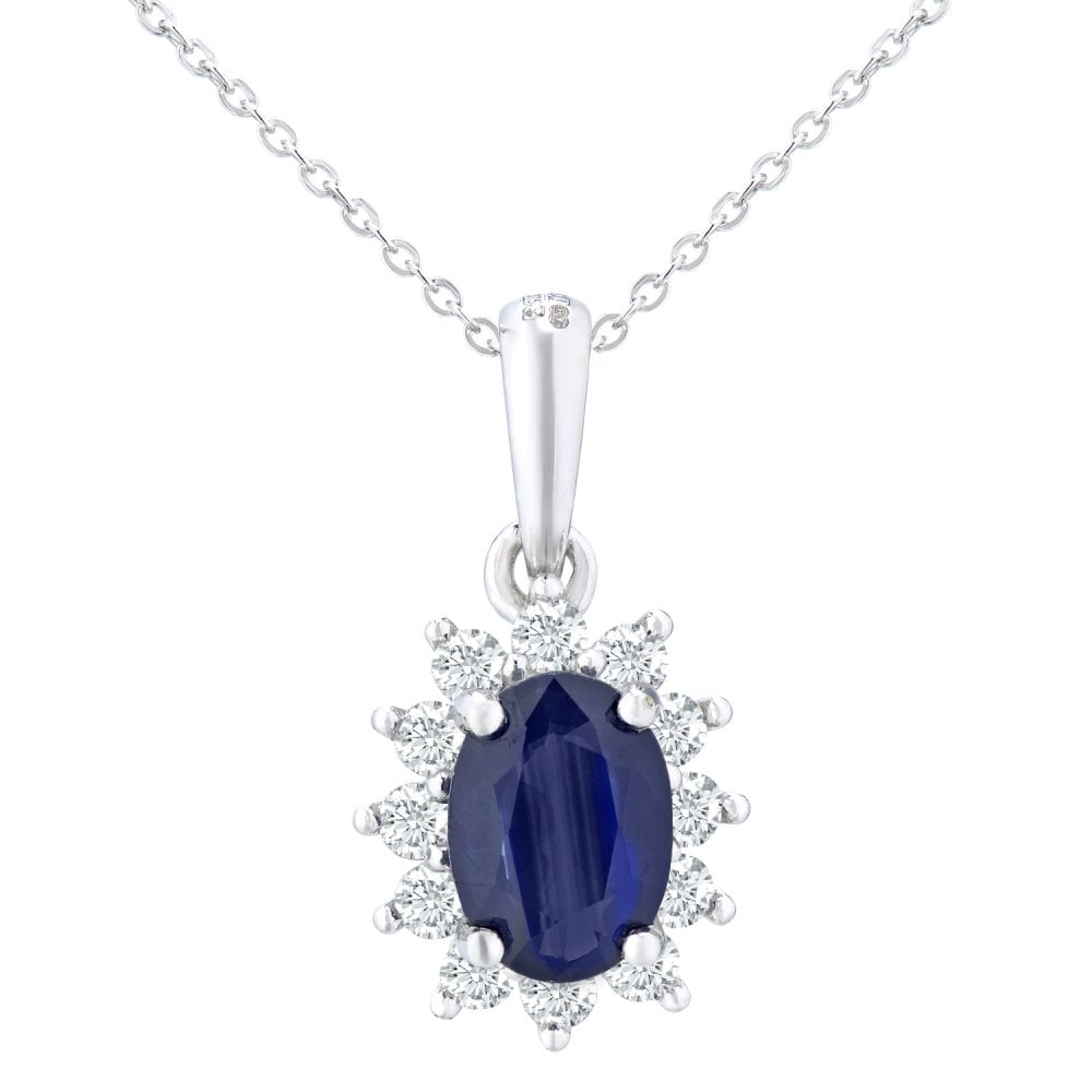 SPARKLD 9ct White Gold Oval Sapphire Cluster 0.25ct Diamond Pendant Necklace