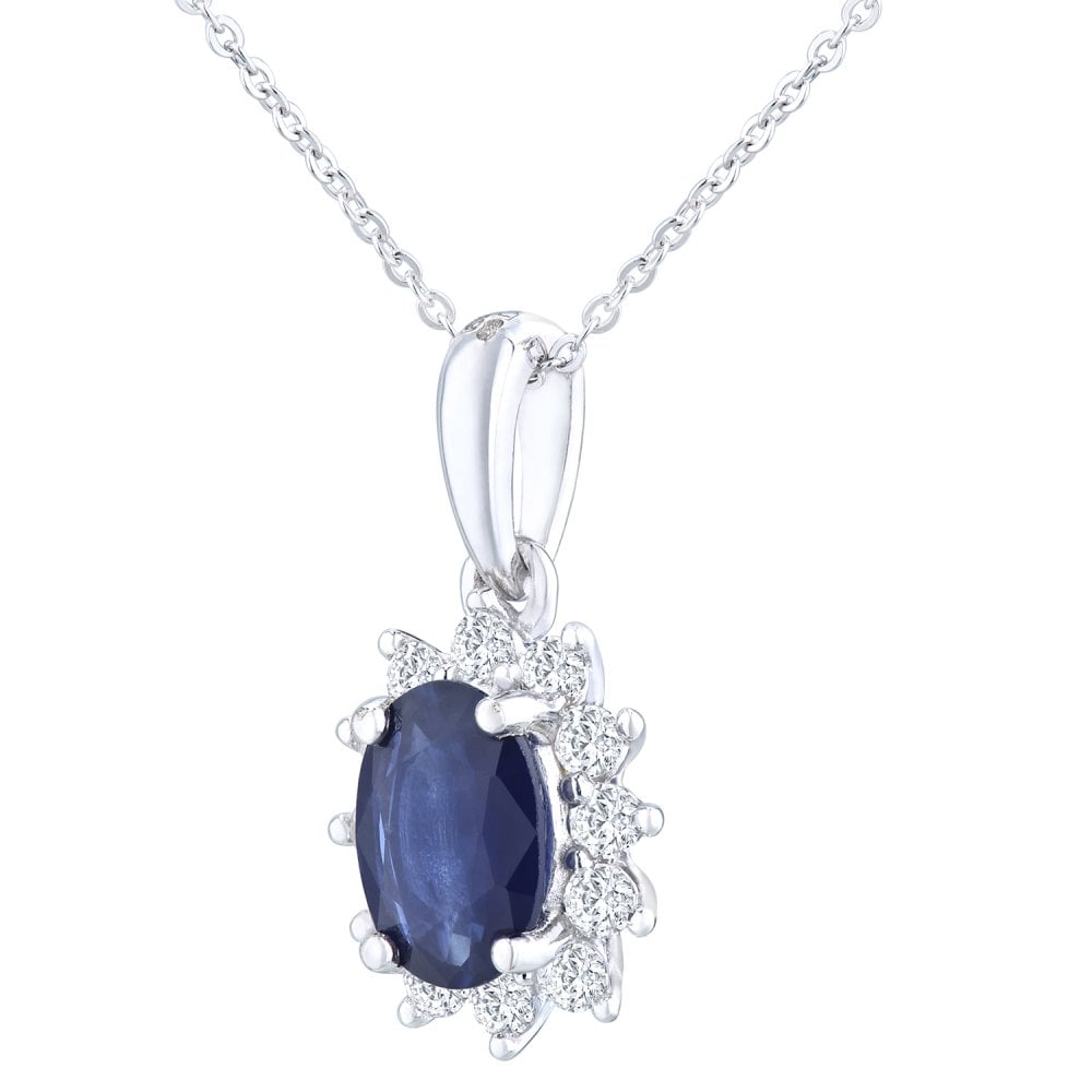 SPARKLD 9ct White Gold Oval Sapphire Cluster 0.25ct Diamond Pendant Necklace