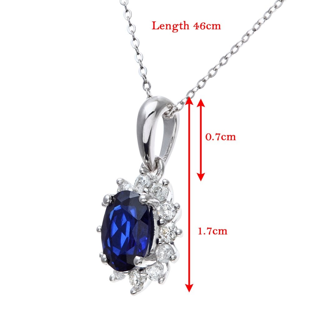 SPARKLD 9ct White Gold Oval Sapphire Cluster 0.25ct Diamond Pendant Necklace