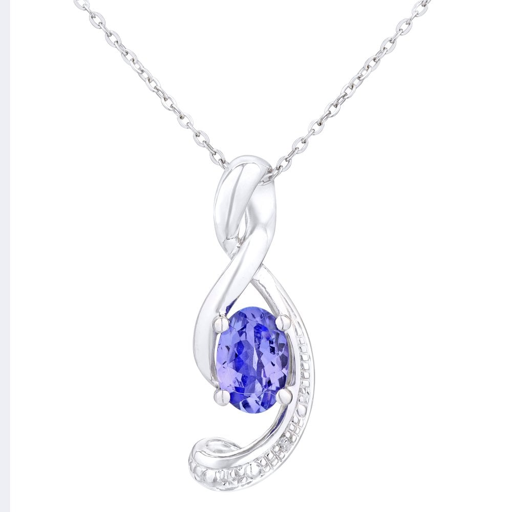 SPARKLD 9ct White Gold Oval Tanzanite and 0.01ct Diamond Pendant Necklace