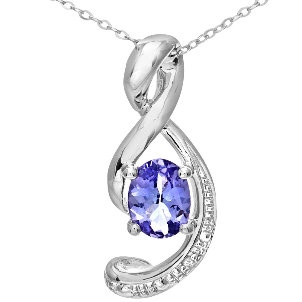 SPARKLD 9ct White Gold Oval Tanzanite and 0.01ct Diamond Pendant Necklace