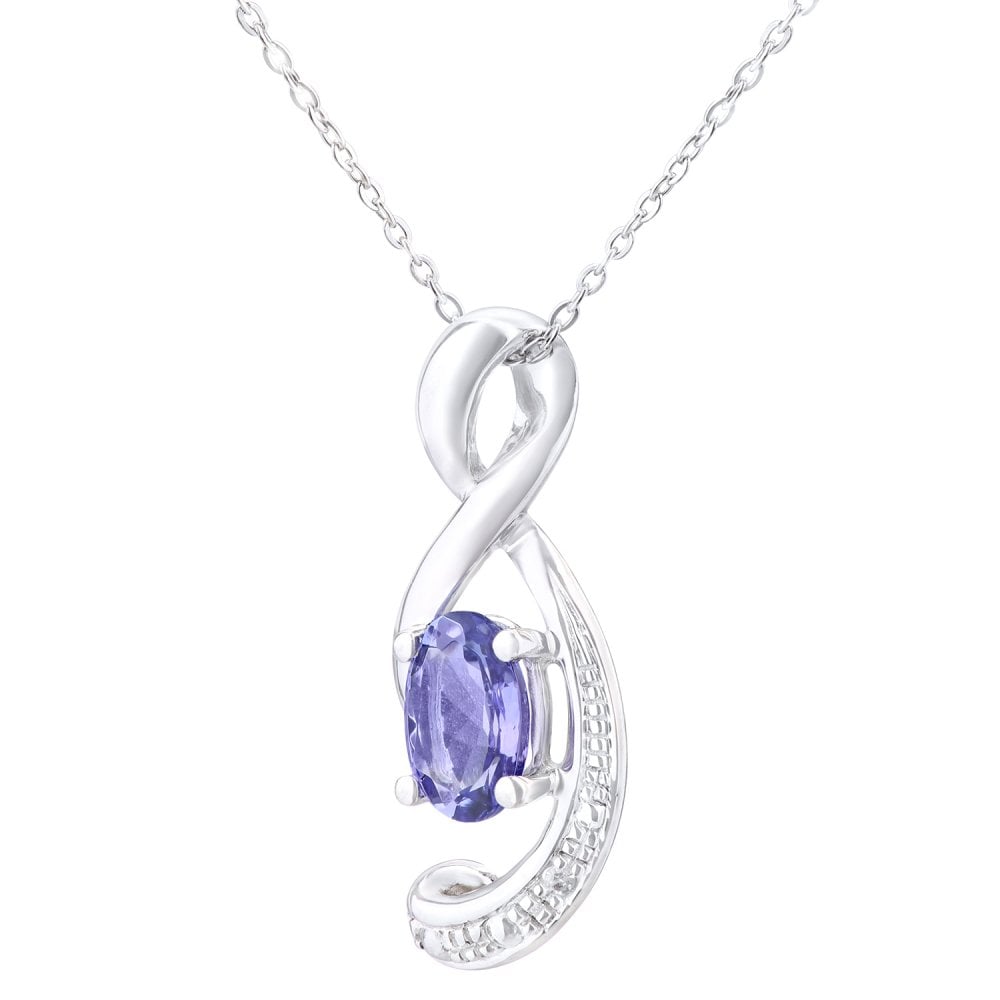 SPARKLD 9ct White Gold Oval Tanzanite and 0.01ct Diamond Pendant Necklace