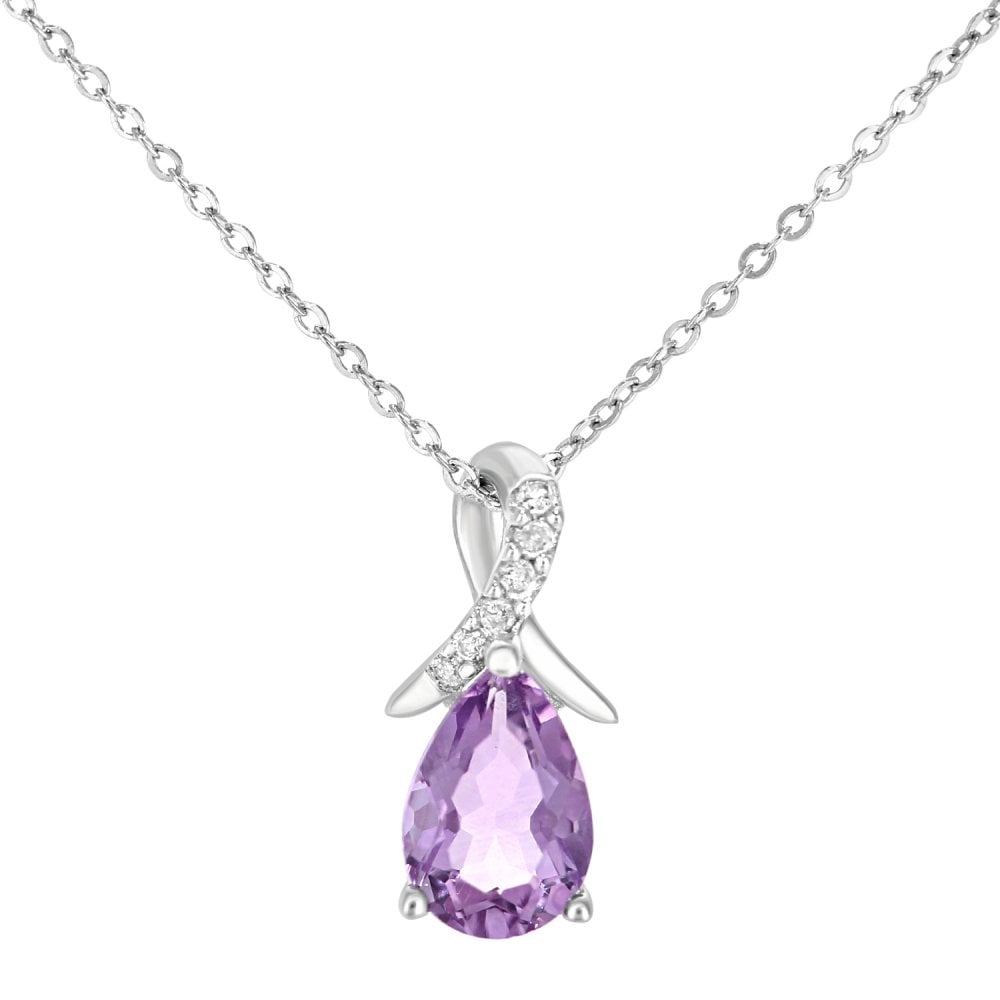 SPARKLD 9ct White Gold Pear Amethyst and 0.02ct Diamond Pendant Necklace