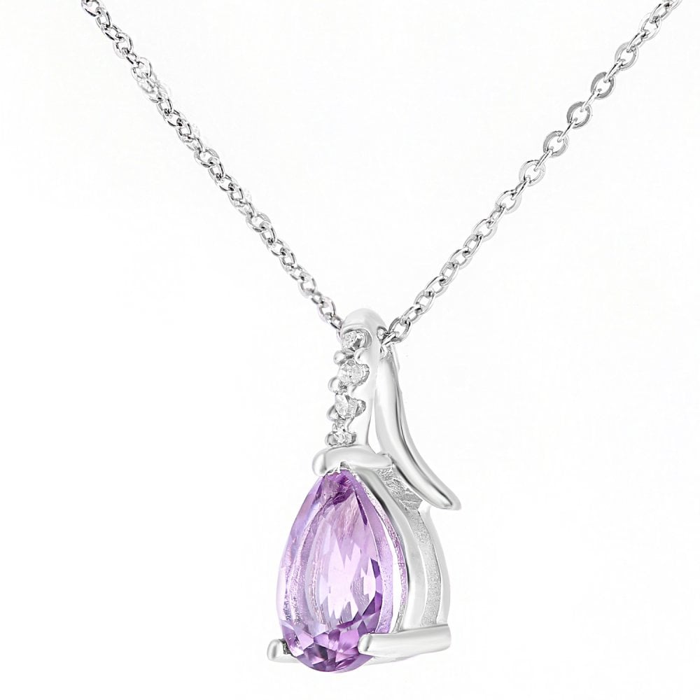 SPARKLD 9ct White Gold Pear Amethyst and 0.02ct Diamond Pendant Necklace