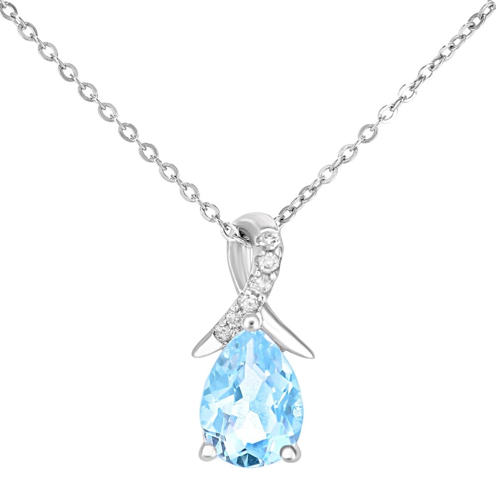 SPARKLD 9ct White Gold Pear Blue Topaz and 0.02ct Diamond Pendant Necklace