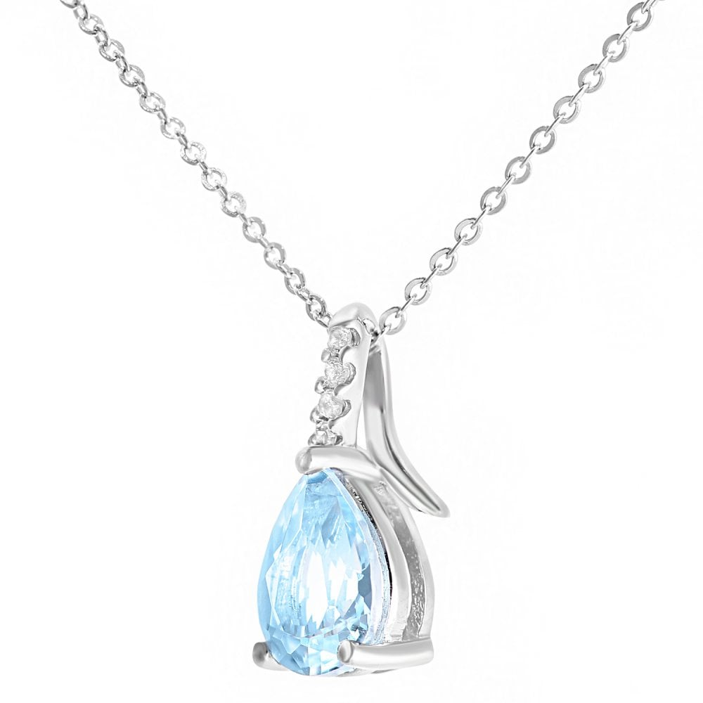 SPARKLD 9ct White Gold Pear Blue Topaz and 0.02ct Diamond Pendant Necklace