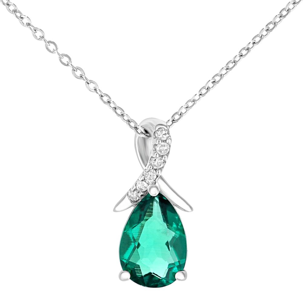 SPARKLD 9ct White Gold Pear Created Emerald and 0.02ct Diamond Pendant Necklace