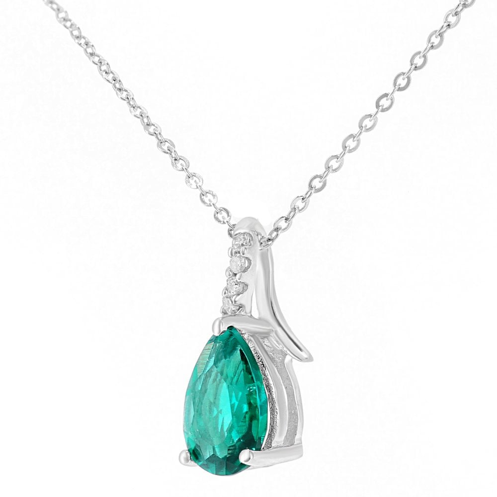 SPARKLD 9ct White Gold Pear Created Emerald and 0.02ct Diamond Pendant Necklace