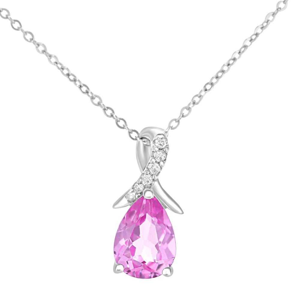 SPARKLD 9ct White Gold Pear Created Pink Sapphire and 0.02ct Diamond Pendant Necklace