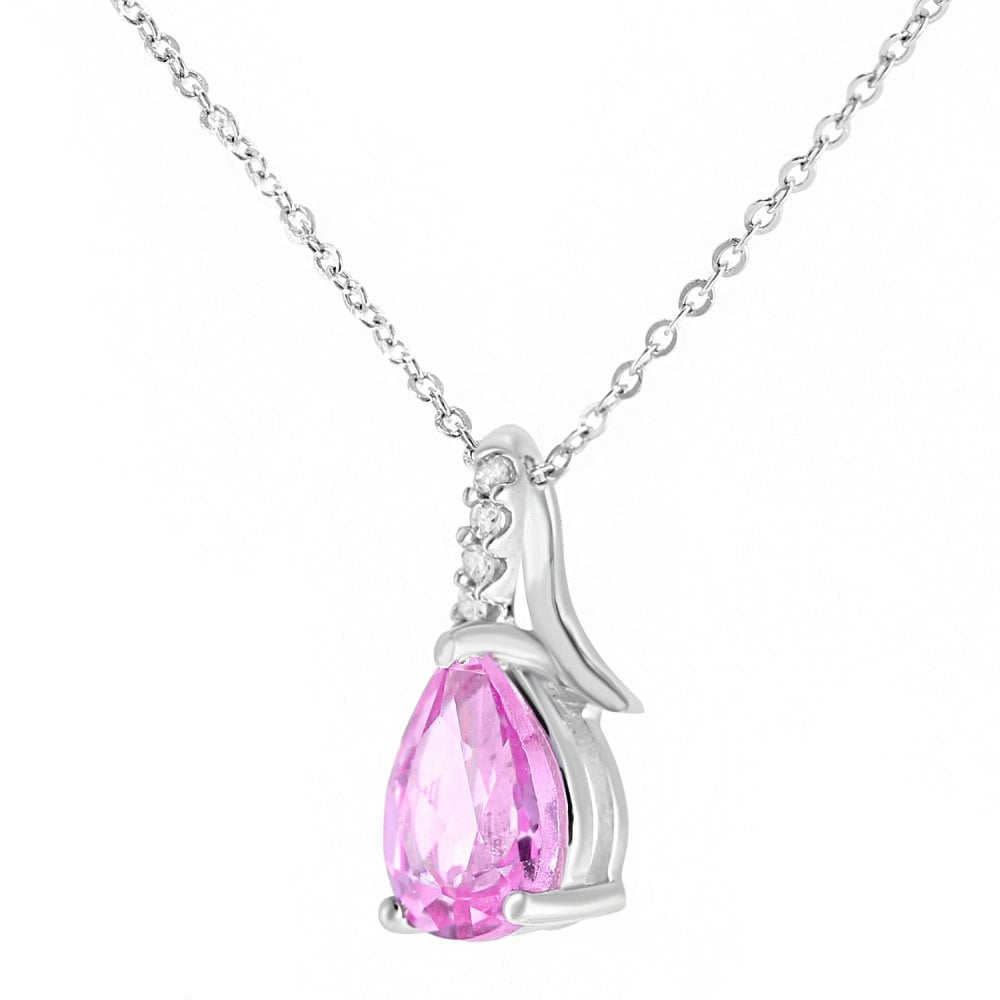 SPARKLD 9ct White Gold Pear Created Pink Sapphire and 0.02ct Diamond Pendant Necklace