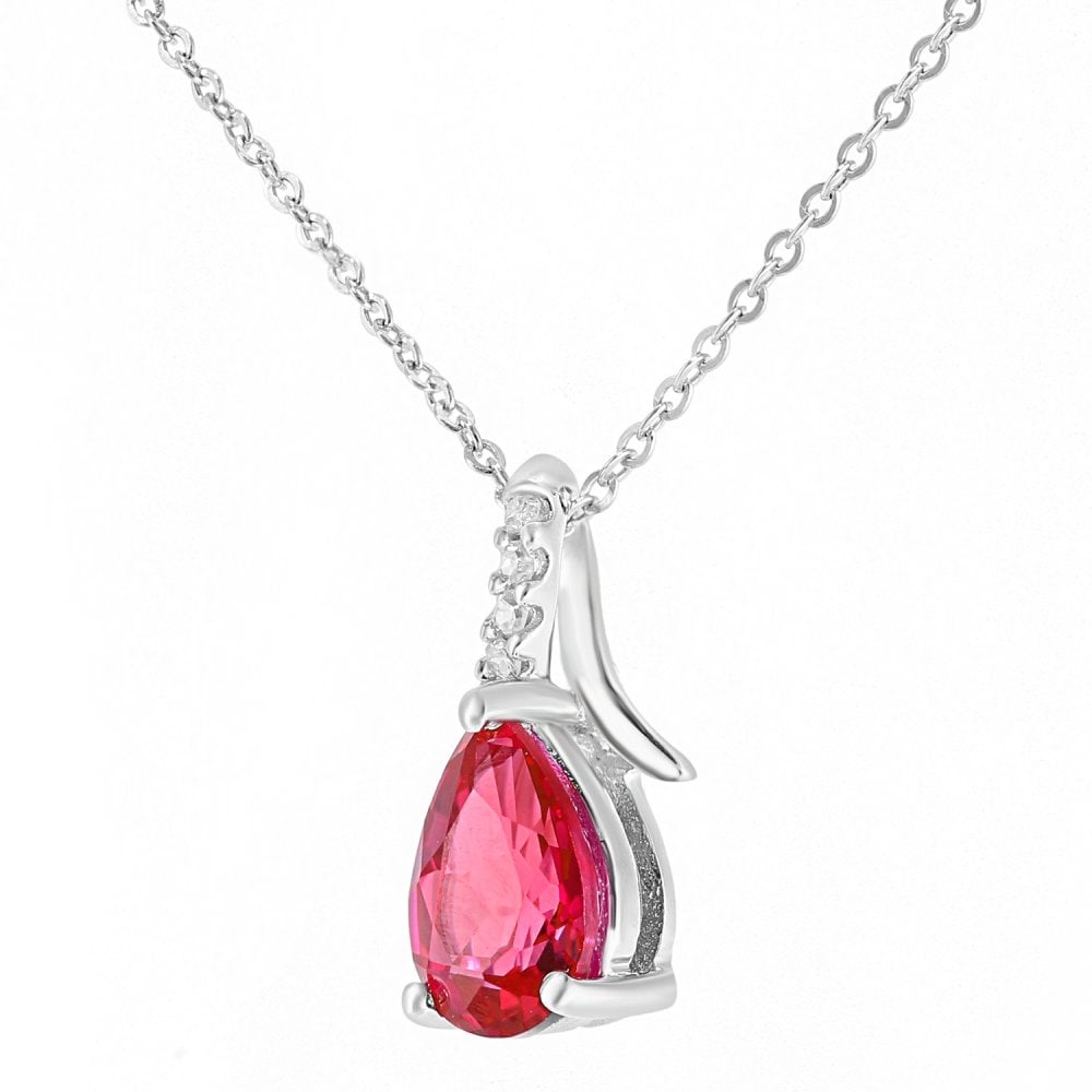 SPARKLD 9ct White Gold Pear Created Ruby and 0.02ct Diamond Pendant Necklace