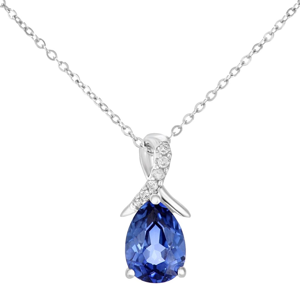 SPARKLD 9ct White Gold Pear Created Tanzanite and 0.02ct Diamond Pendant Necklace