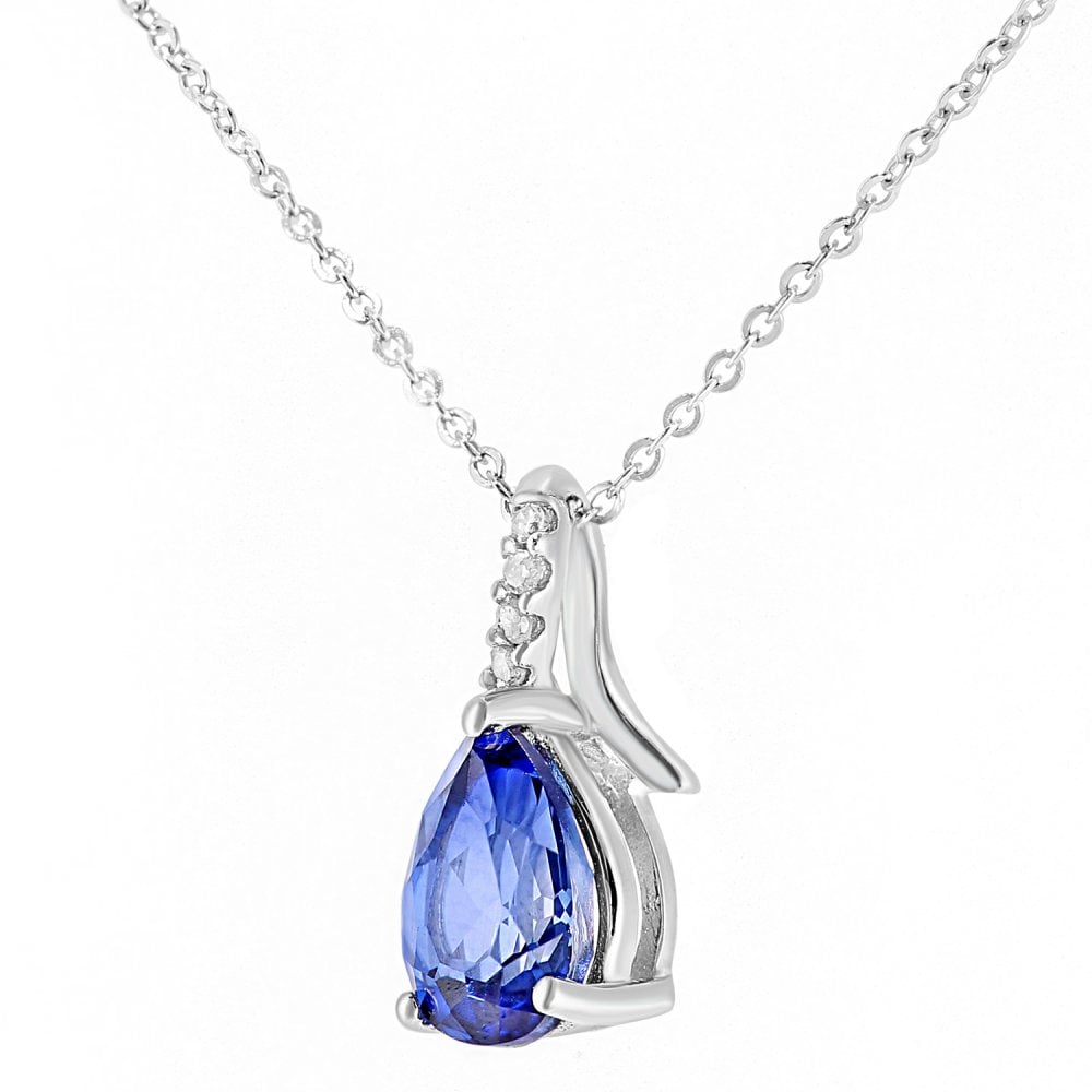 SPARKLD 9ct White Gold Pear Created Tanzanite and 0.02ct Diamond Pendant Necklace